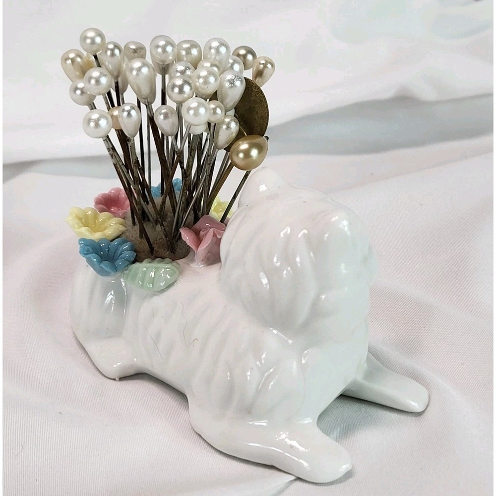 Vintage Ceramic White Cat Pin Cushion with Pearlized Hat Pins Floral Detail - Picture 2 of 13
